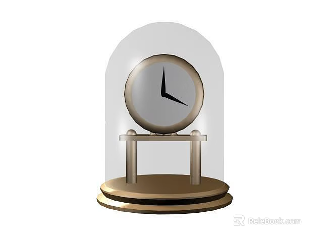 Elegant Round Clock with Transparent Dome Cover Golden Base White Dial and Black Hands 3d model 
