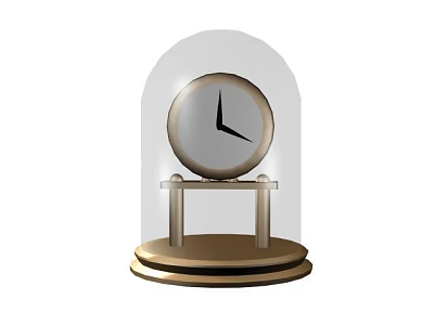 Elegant Round Clock with Transparent Dome Cover Golden Base White Dial and Black Hands 3d model