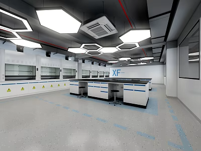Modern Laboratory Interior With Hexagonal Lighting Benches And Fume Hoods 3d model