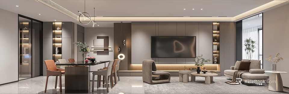 Modern Living Dining Room Interior With TV Wall Dining Table Chairs Sofa And Coffee Table 3d model