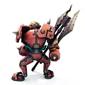 Futuristic Game Movie Character In Red Mechanical Armor With Spiked Spear Yellow Mask Green Eye