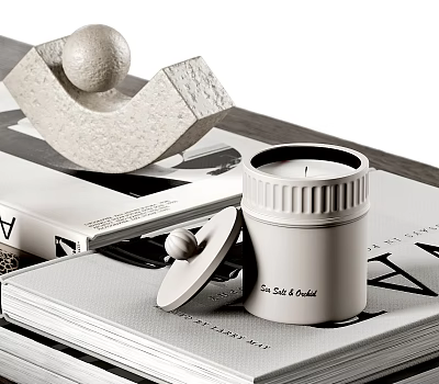 Minimalist Decorative Ornament Set With Arched Sculpture Ceramic Jar And Books On Tabletop 3d model