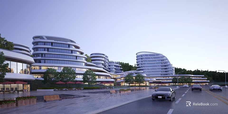 Modern Sleek Hotel Building With Curved Glass Facade Trees Road And Landscaped Gardens 3d model 
