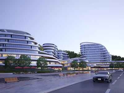 Modern Sleek Hotel Building With Curved Glass Facade Trees Road And Landscaped Gardens 3d model