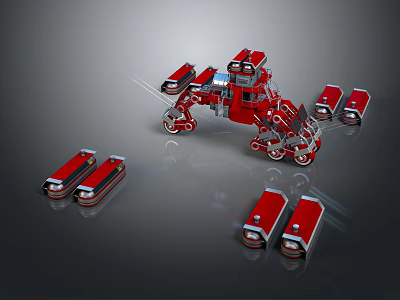 Red Military Multi Legged Robot Vehicle With Detachable Drone Units And Mechanical Structure 3d model