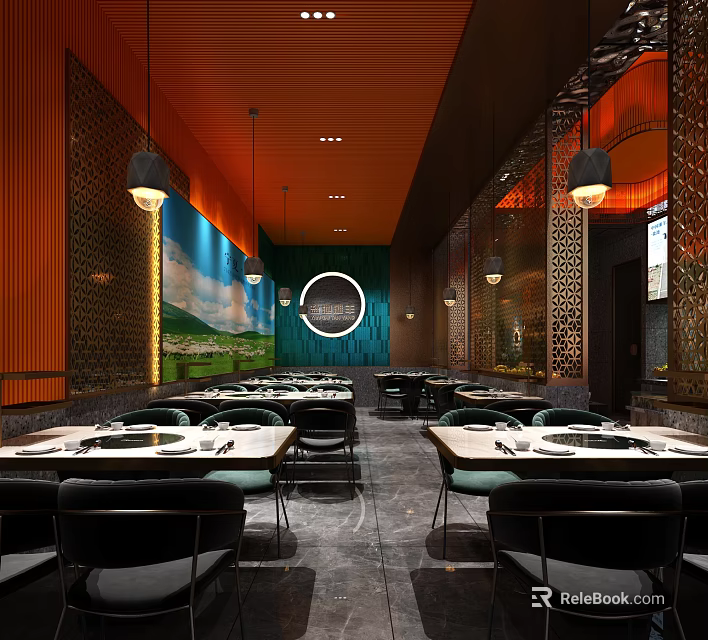 Modern Hot Pot Restaurant Interior With Hanging Lights And Dining Tables Setup 3d model 