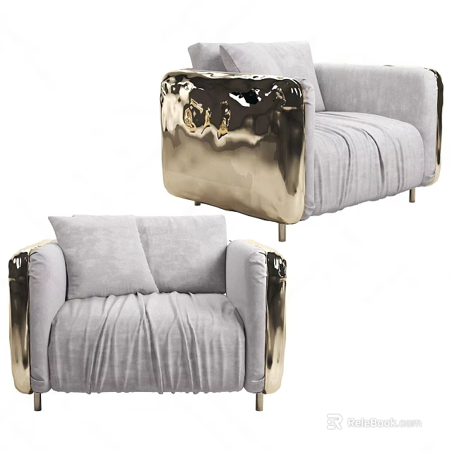 Stylish Single Sofa With Gray Pleated Fabric Gold Armrests And Soft Cushions 3d model 