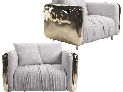 Stylish Single Sofa With Gray Pleated Fabric Gold Armrests And Soft Cushions 3d model