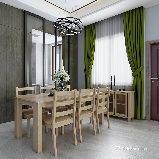 Modern Wooden Dining Table Set With Chairs Side Cabinet Green Curtains And Chandelier 3d model 