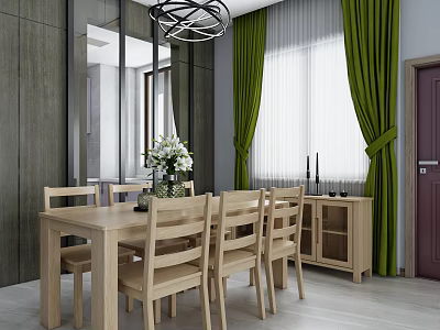 Modern Wooden Dining Table Set With Chairs Side Cabinet Green Curtains And Chandelier 3d model