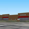 Commercial Shopping Street With Red Brick Storefronts Red Awnings And Parking Lot
