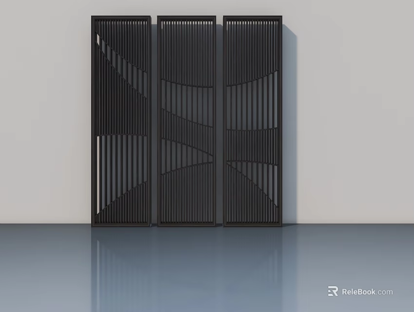 Modern Black Swing Doors with Vertical Slats and Wavy Patterns in Minimalist Interior 3d model 