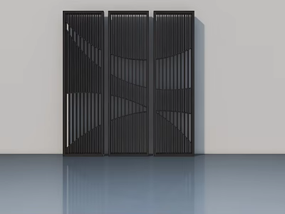Modern Black Swing Doors with Vertical Slats and Wavy Patterns in Minimalist Interior 3d model