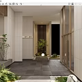 Modern Elevator Hallway With White Walls Dark Floor Tiles And Green Plants