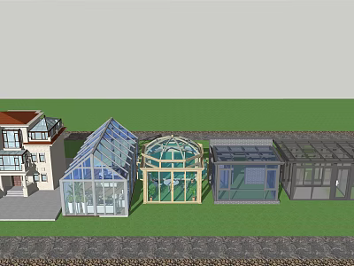 Various Glass Structures Including Greenhouses And Sunrooms With Adjacent House And Lawn 3d model
