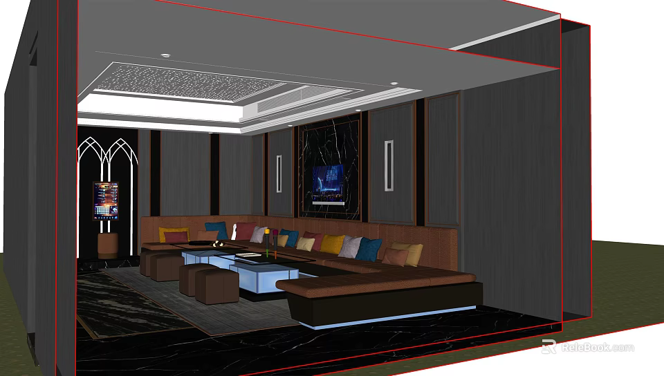 Luxury KTV Room Interior Design With Comfortable Sofa Colorful Cushions Coffee Table And TV 3d model 