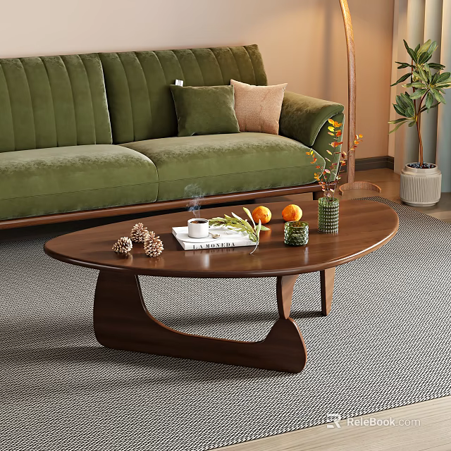 Wooden Oval Coffee Table in Living Room with Green Sofa Cup Book Oranges and Vase 3d model 