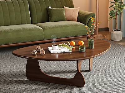 Wooden Oval Coffee Table in Living Room with Green Sofa Cup Book Oranges and Vase 3d model