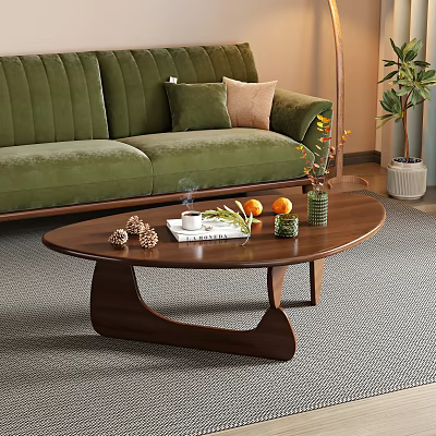Wooden Oval Coffee Table in Living Room with Green Sofa Cup Book Oranges and Vase 3d model