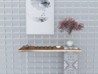 Modern Decorative Cabinet With Wooden Top Metal Legs Wall Art Potted Plant And Tea Set 3d model
