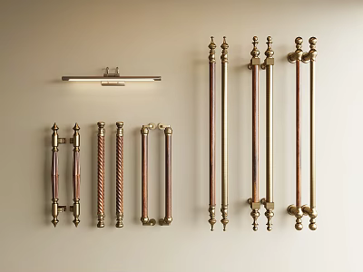 Assorted Decorative Brass Handles With Various Designs And Styles Displayed On Wall 3d model