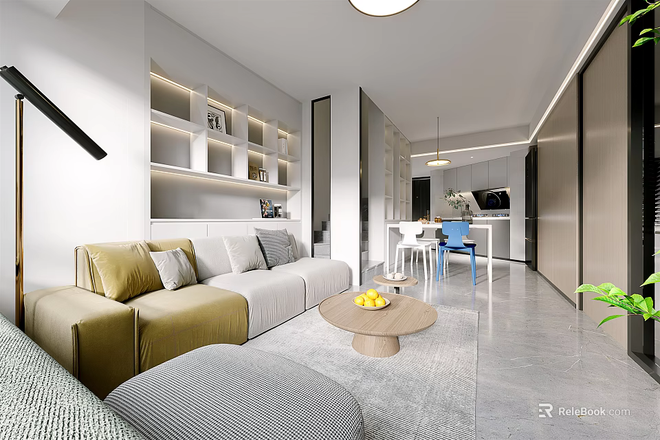 Modern Living Dining Room Interior With Sofa Dining Table Pendant Light And Bookshelf 3d model 