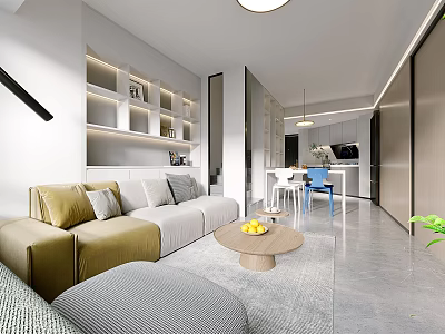 Modern Living Dining Room Interior With Sofa Dining Table Pendant Light And Bookshelf 3d model