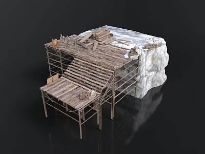 Under Construction Wooden Structure With Scaffolding Framing And White Covering 3d model