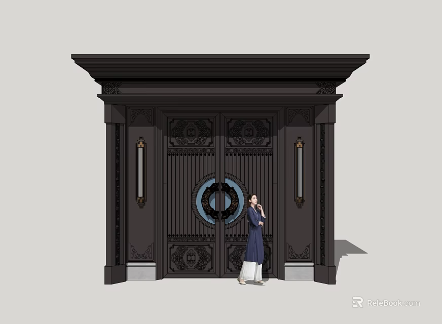 Traditional Black Entrance Gate With Carved Design Circular Ornament And Flanking Pillars 3d model 