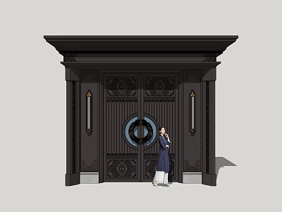 Traditional Black Entrance Gate With Carved Design Circular Ornament And Flanking Pillars 3d model