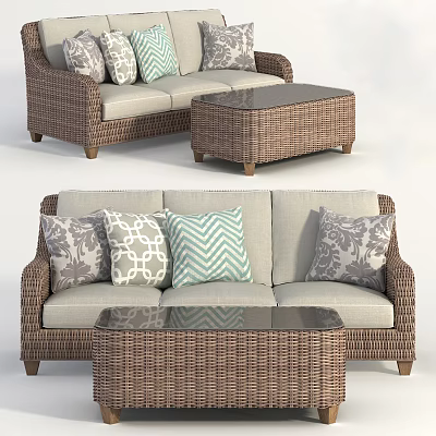 Wicker Outdoor Sofa with Patterned Cushions and Glass Top Coffee Table 3d model
