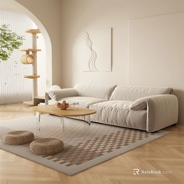 Modern Living Room Interior With Beige Two Seater Sofa Geometric Rug And Woven Stools 3d model 