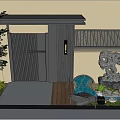 Modern Japanese Garden Landscape with Black Gate Stone Lantern and Green Plants