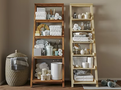 Bathroom Accessories Storage With Wooden Shelves Towels Jars And Containers Organizer 3d model