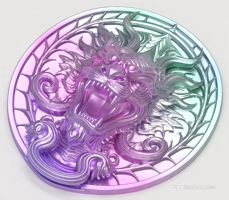 Intricate Lion Head Sculpture Carving With Iridescent Finish And Circular Frame 3d model 