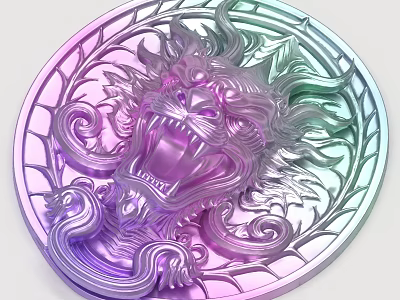 Intricate Lion Head Sculpture Carving With Iridescent Finish And Circular Frame 3d model