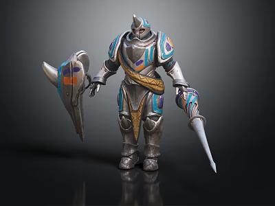 Armored Fantasy Warrior Character With Blue Purple Gold Decorations Holding Shield And Spear 3d model