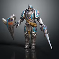 Armored Fantasy Warrior Character With Blue Purple Gold Decorations Holding Shield And Spear