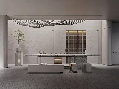 Minimalist Tea Room Interior With Concrete Walls Long Marble Table Hanging Light And Potted Plant 3d model