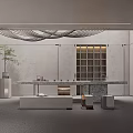 Minimalist Tea Room Interior With Concrete Walls Long Marble Table Hanging Light And Potted Plant