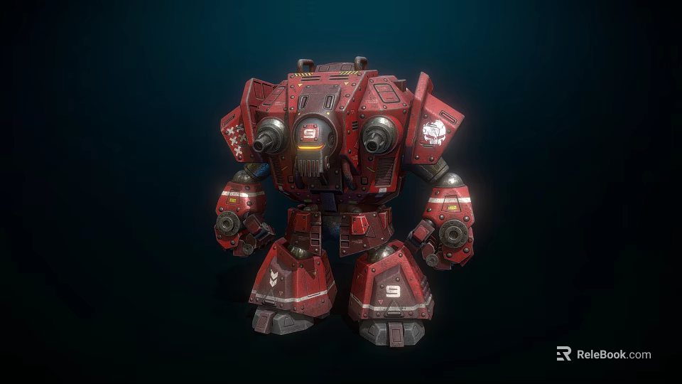 Red Mechanical Robot Character With Heavy Armor And Weaponry Details 3d model 