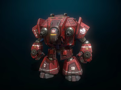 Red Mechanical Robot Character With Heavy Armor And Weaponry Details 3d model