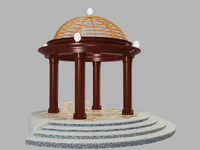 Traditional Gazebo With Woven Dome Roof Brown Columns And Multi Tiered Stepped Base 3d model