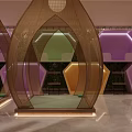 Modern SPA Sauna With Multiple Colorful Hexagonal Compartments Metal Mesh Screens Green Plants Marble Flooring