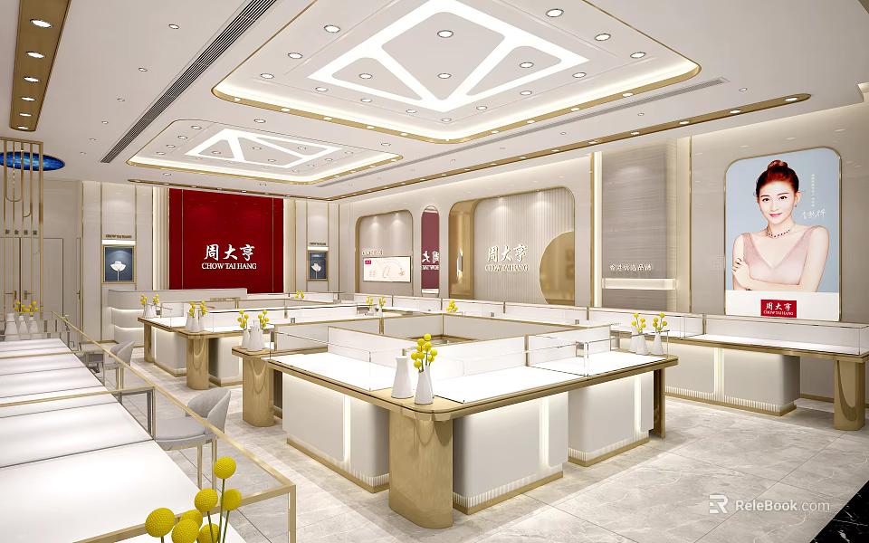 Modern Luxury Jewelry Store Interior With Elegant Display Counters Yellow Flower Vases And Bright Lighting 3d model 
