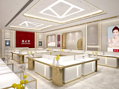 Modern Luxury Jewelry Store Interior With Elegant Display Counters Yellow Flower Vases And Bright Lighting 3d model