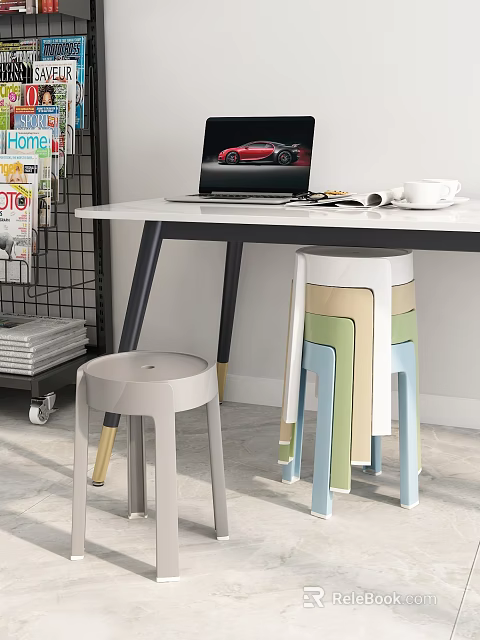 Modern Stackable Stools Featuring Gray Gold Legs White Light Green Light Blue Next to Desk 3d model
