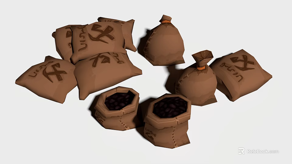 Brown Coffee Bag Decorative Ornament Set with Open Sacks and Coffee Beans 3d model 