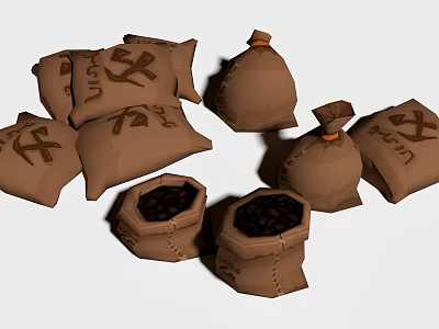Brown Coffee Bag Decorative Ornament Set with Open Sacks and Coffee Beans 3d model