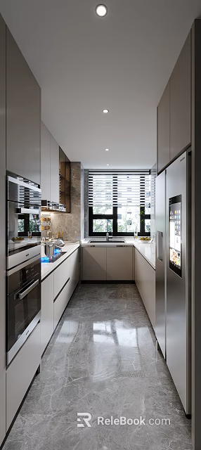 Modern Kitchen Interior Design With White Cabinets Stainless Steel Appliances And Window Blinds 3d model 